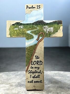 Psalm 23 Decorative Christian Cross with Shepherd Scene - Green, Blue, Tan